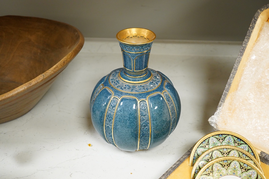 A Wedgwood silver mounted coffee set and a Royal Worcester powder blue vase - 24cm high.